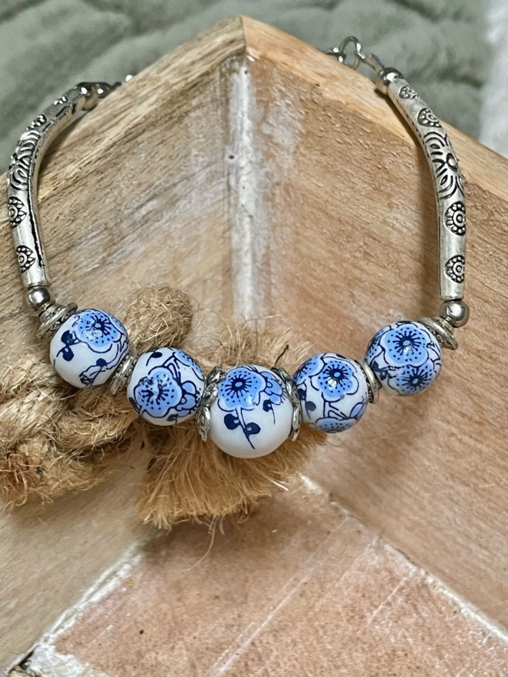 Holland Delft Style Blue Floral Porcelain Bead Bracelet - Women Jewelry